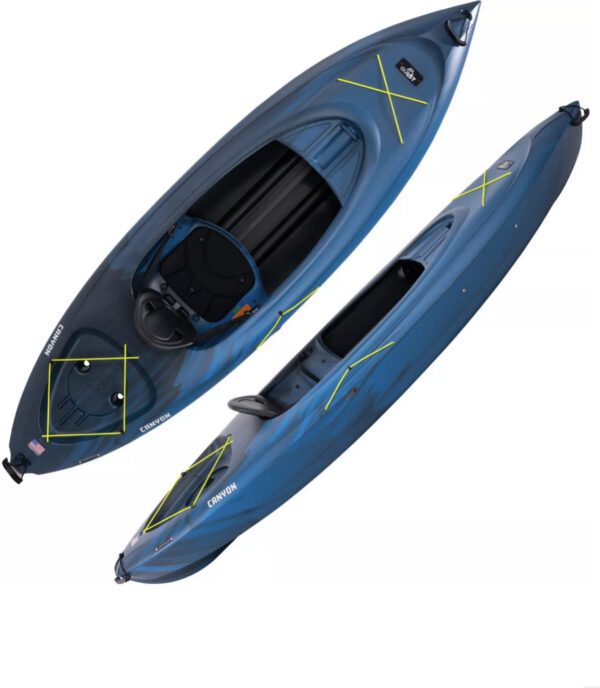 A blue kayak with yellow accents on the side.