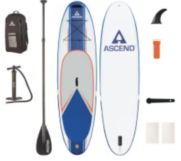A paddle board and accessories laid out on top of it.
