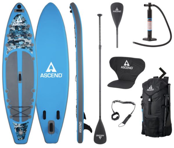 A blue paddle board with accessories on it.