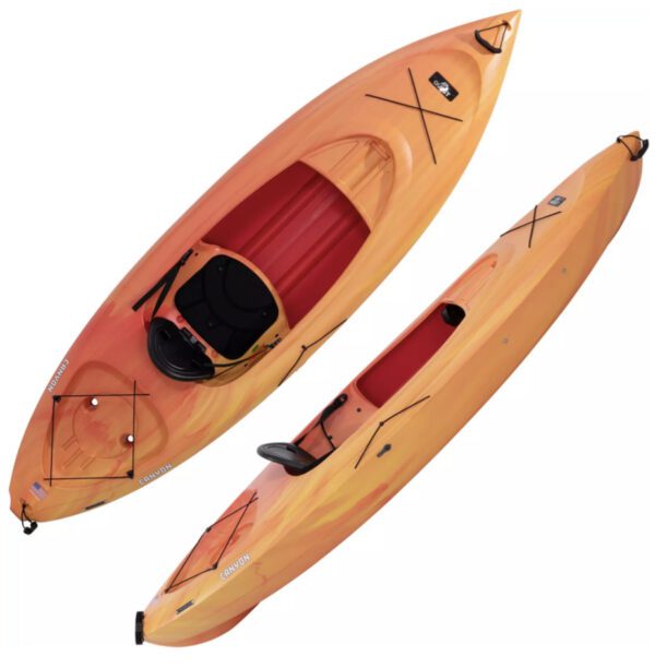 A wooden kayak with two paddles and a seat.