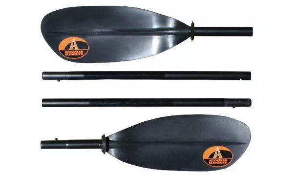 A set of three black oars with orange logo.